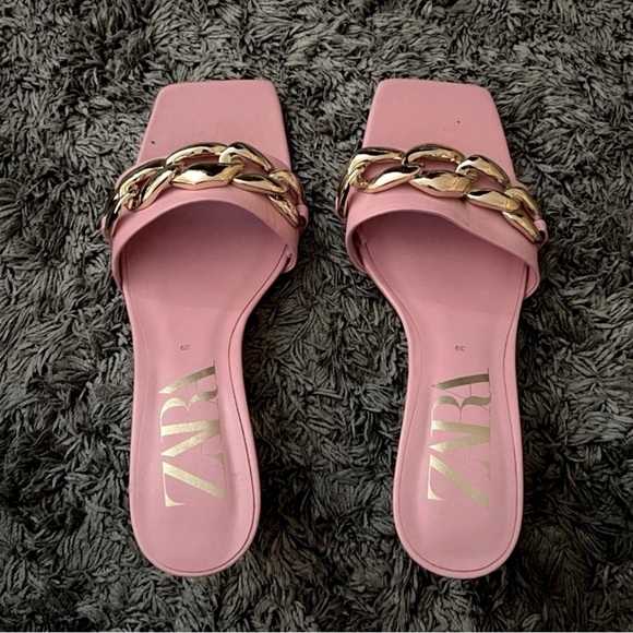 Zara Shoes - Zara Pink Mules Heels Sandals with Gold Chain Embellishment